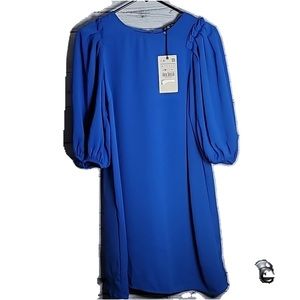 NWT ZARA PUFF SLEEVES FLOW BLUE DRESS 3/4 sleeves in size large